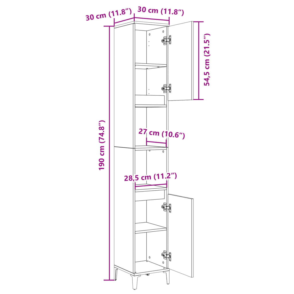 Bathroom Cabinet Sonoma Oak 30x30x190 cm Engineered Wood - Bend