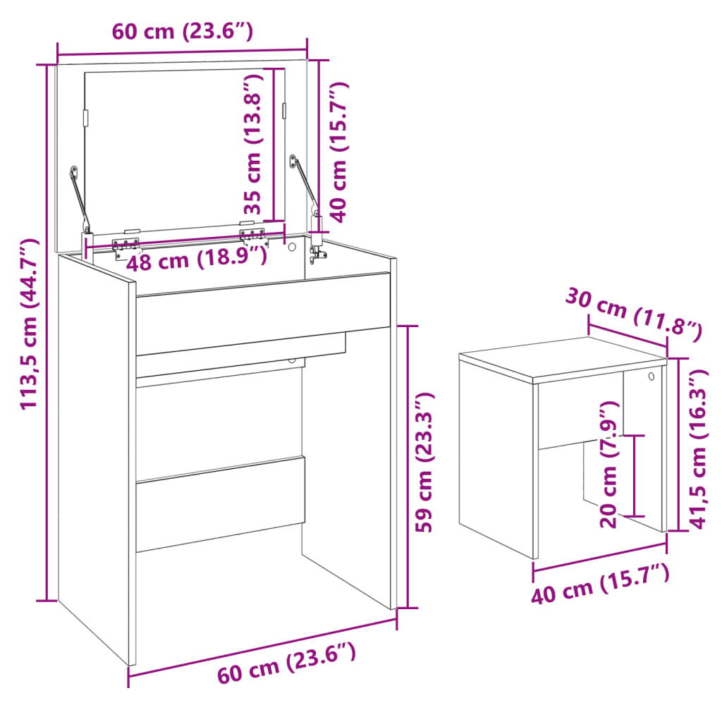 Dressing Table and Stool Smoked Oak 60x40x113.5 cm - Bend