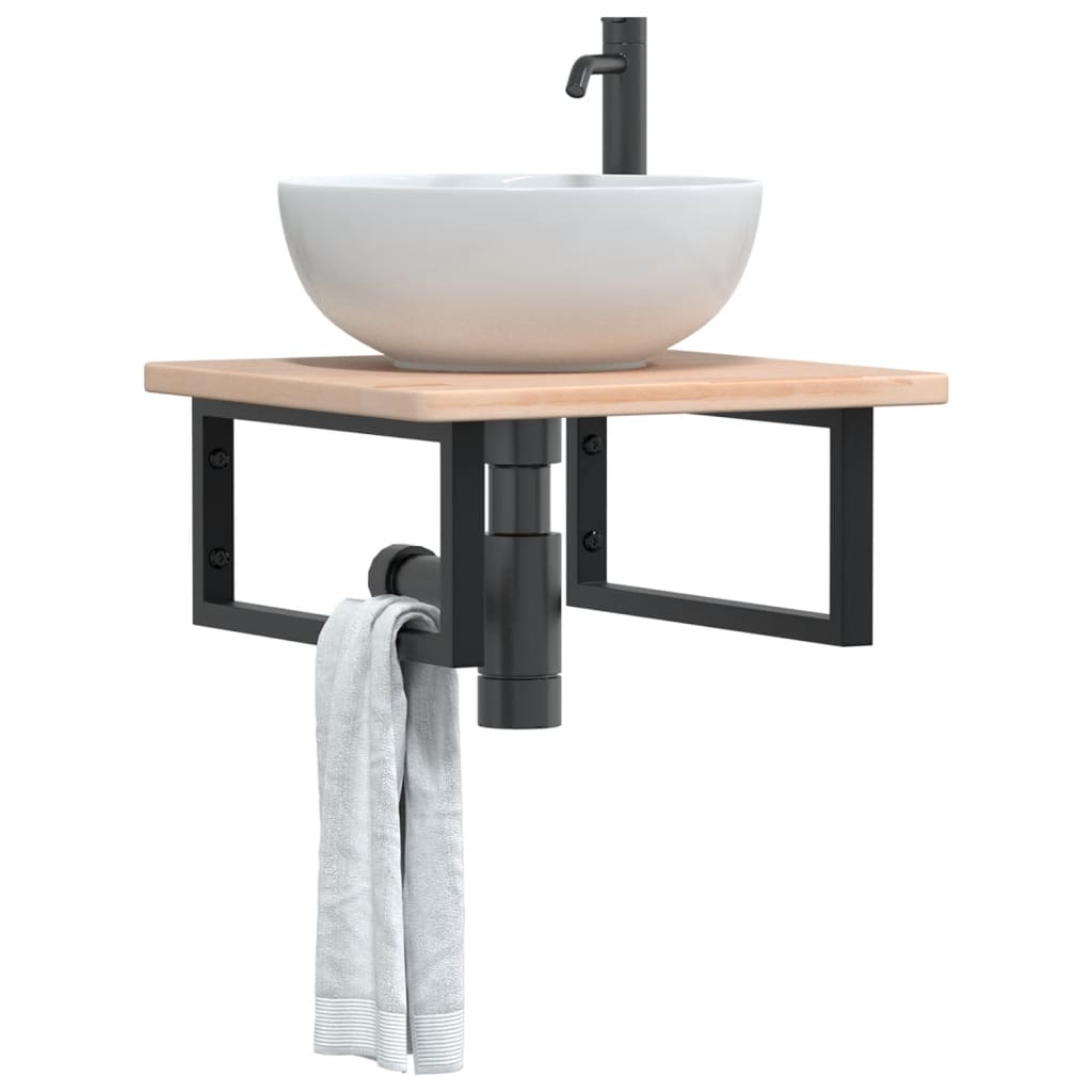 Wall-Mounted Basin Shelf with Oak Wood Top and Steel Bracket