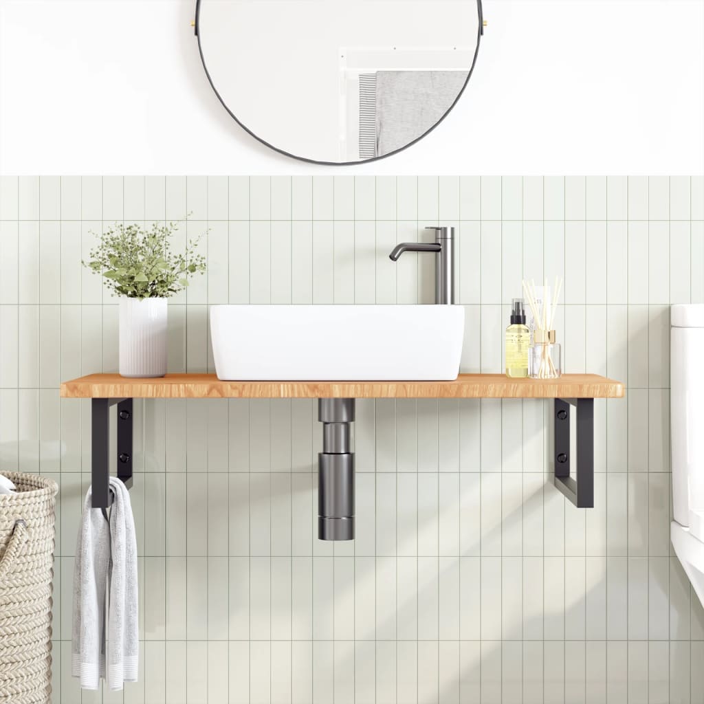 Wall-Mounted Basin Shelf with Oak Wood Top and Steel Bracket