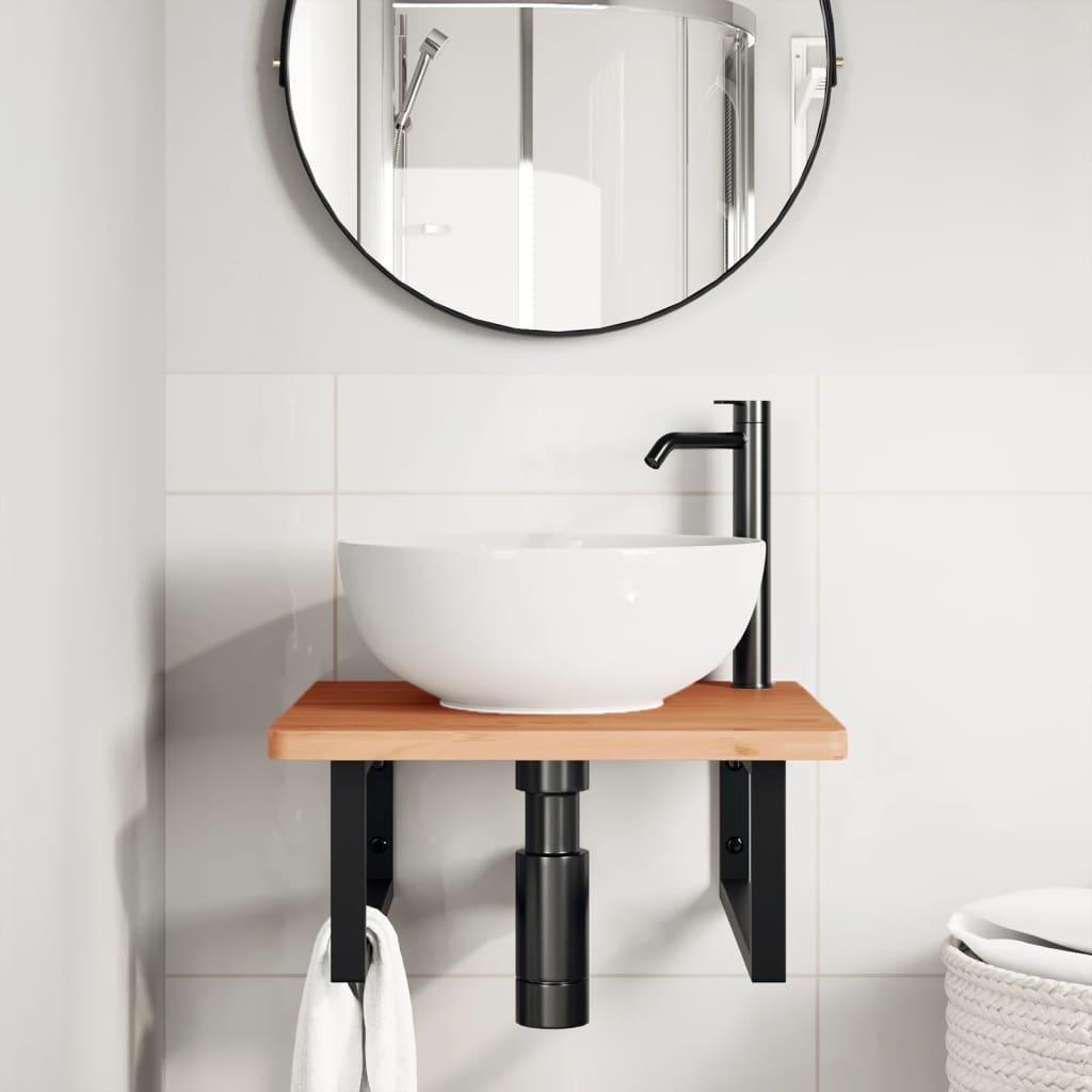 Wall-Mounted Basin Shelf with Steel Frame and Beech Wood Top