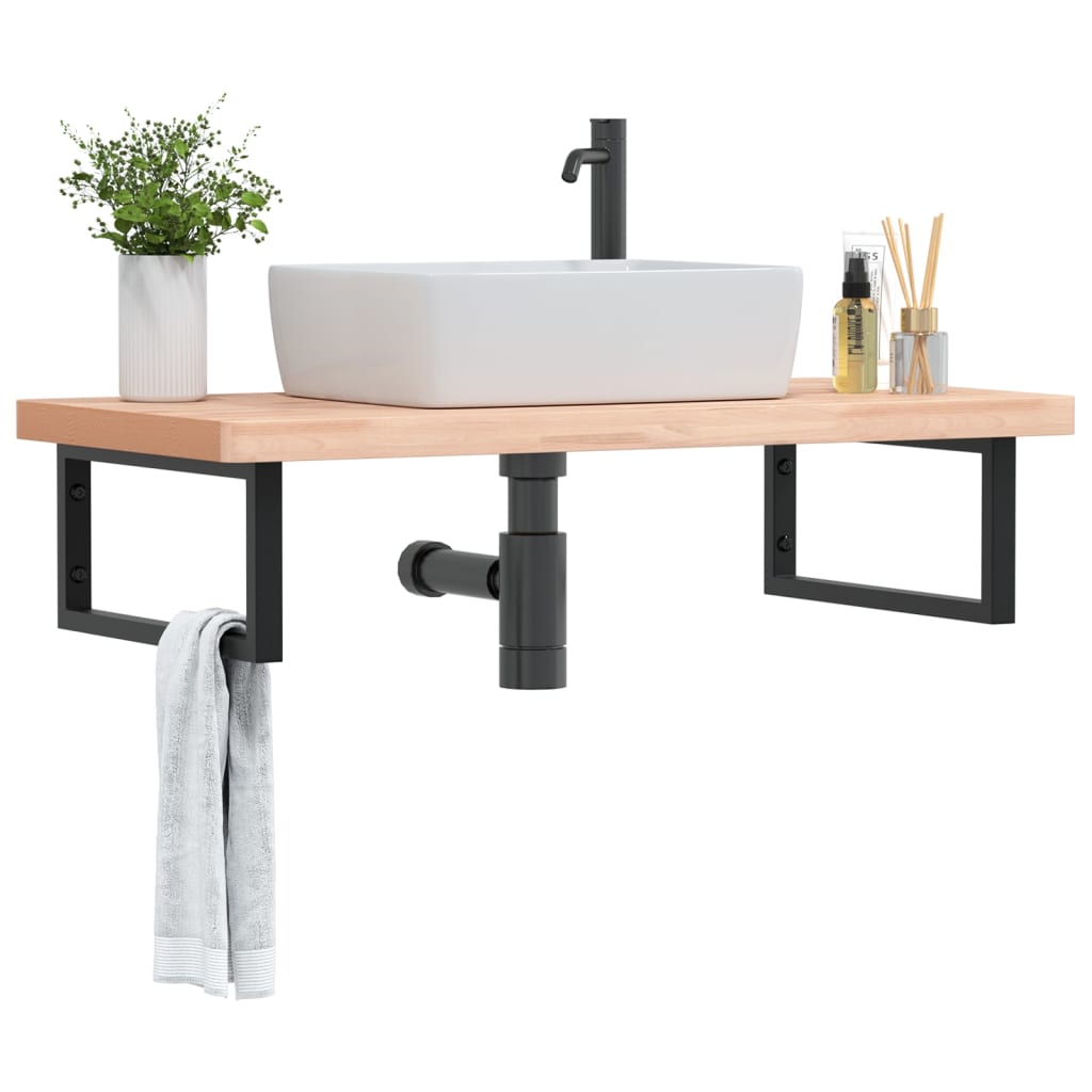 Wall-Mounted Basin Shelf with Beech Wood Top and Steel Supports