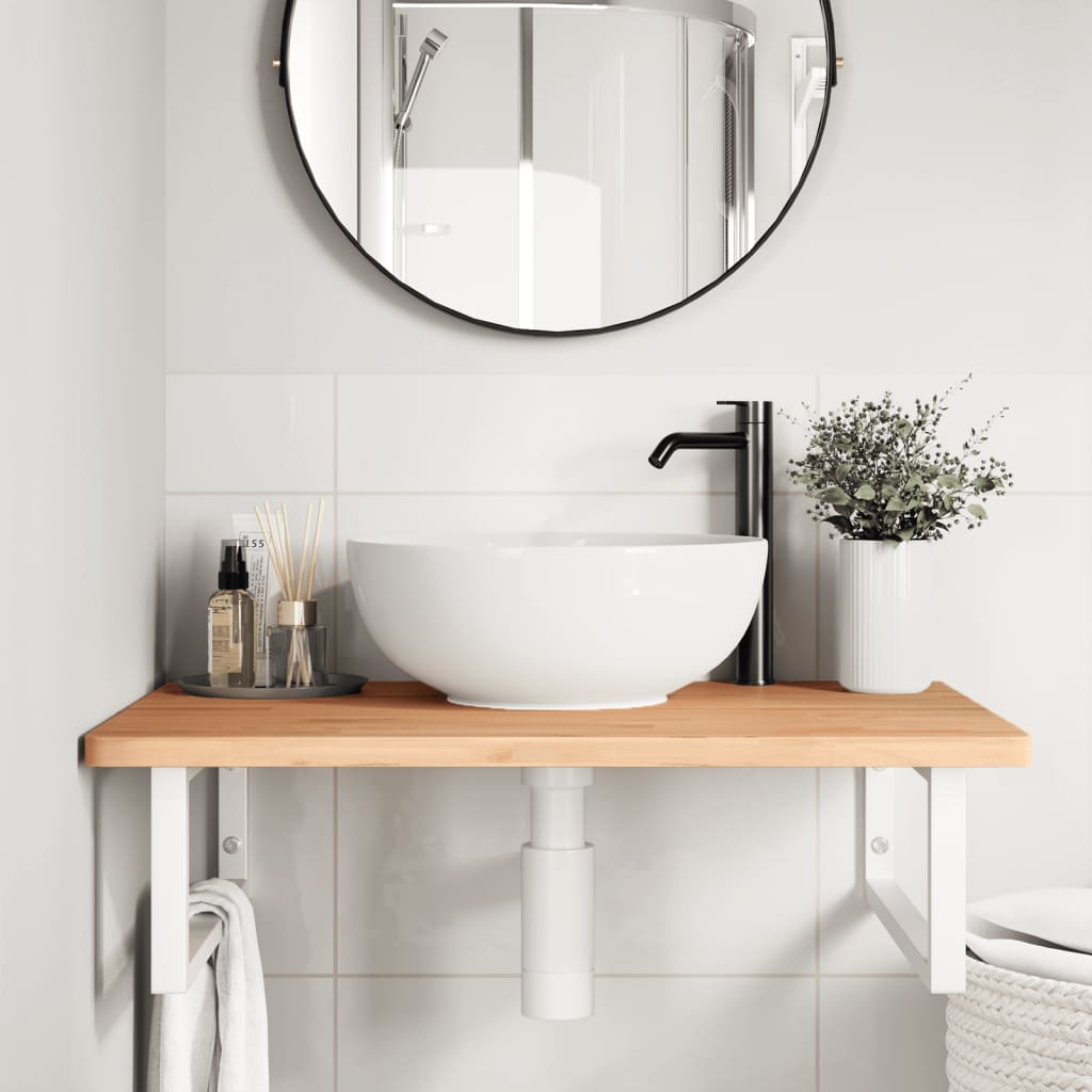 Wall-Mounted Basin Shelf with Steel Frame and Beech Wood Top