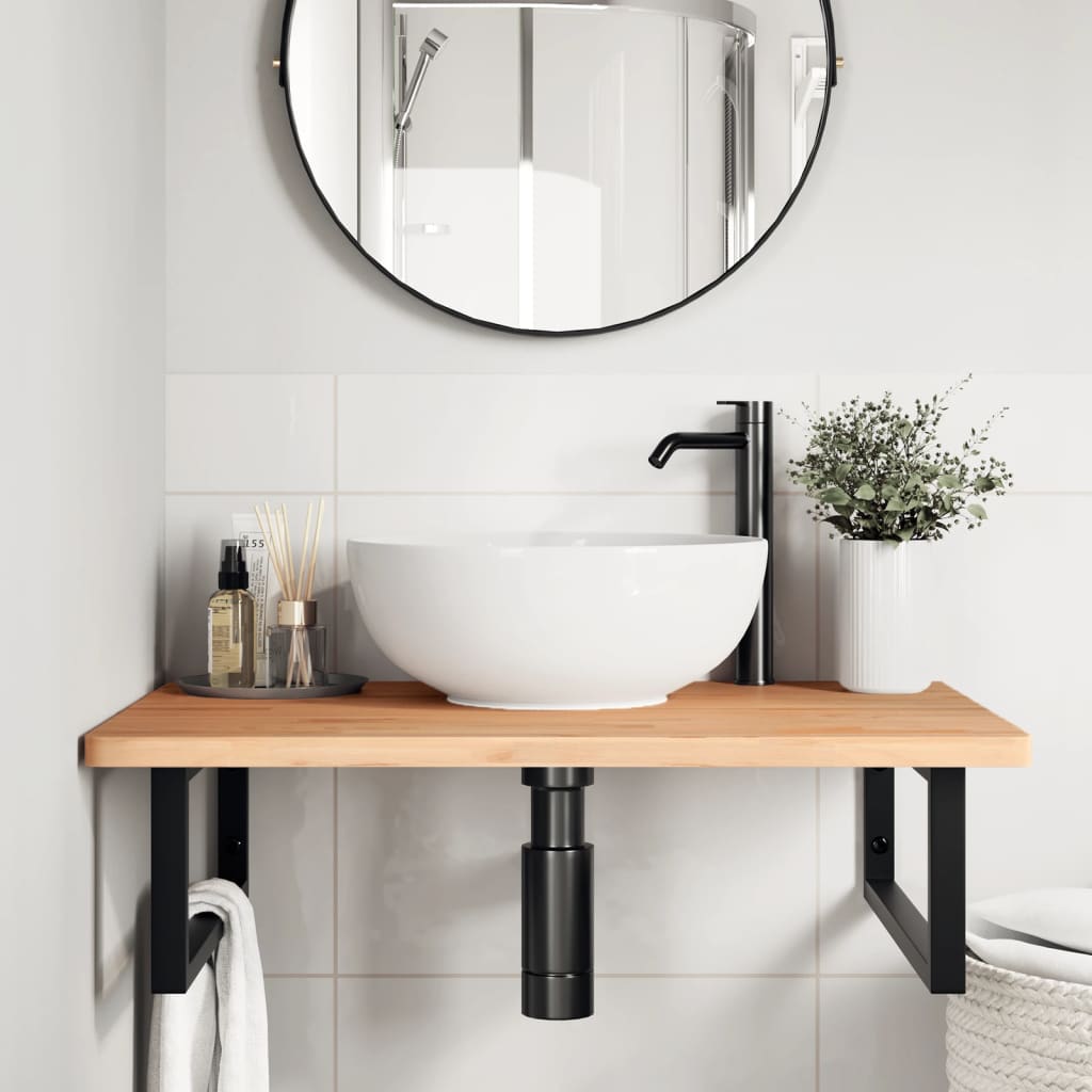 Wall-Mounted Basin Shelf with Steel Frame and Beech Wood Top