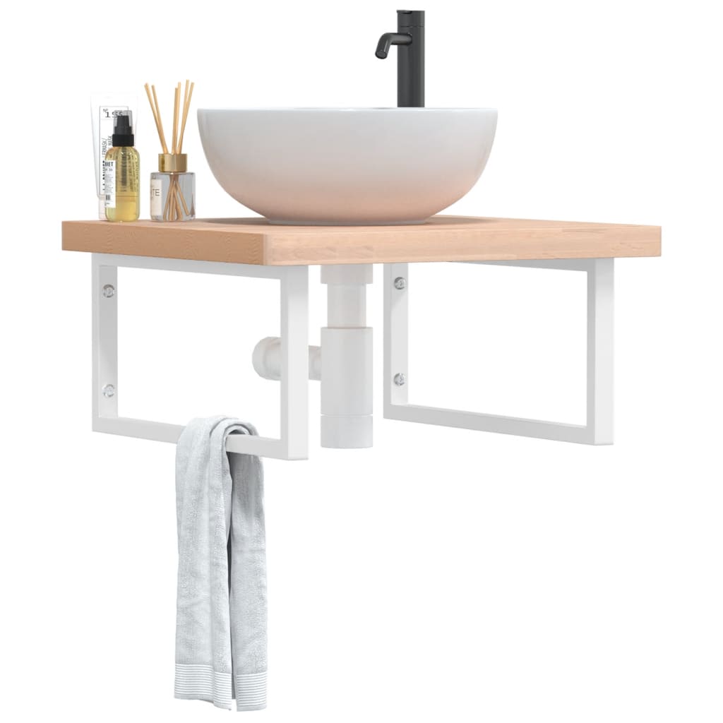 Wall-Mounted Basin Shelf with Beech Wood Top and Steel Supports