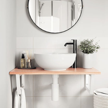 Wall-Mounted Oak Basin Shelf with Steel Brackets