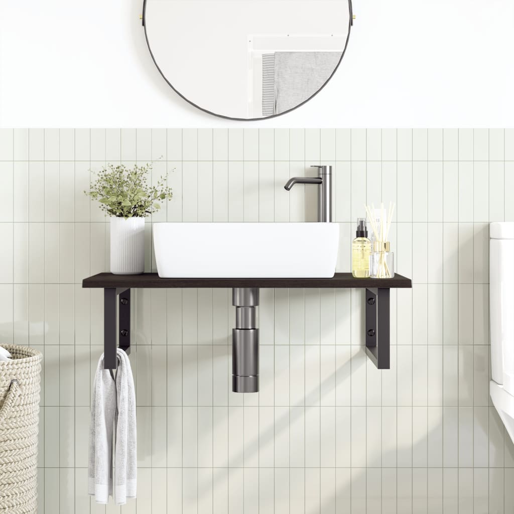 Wall-Mounted Basin Shelf with Oak Wood Top and Steel Bracket