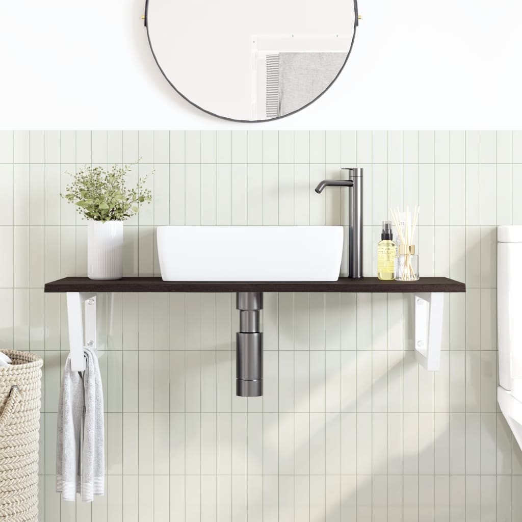 Wall-Mounted Oak Basin Shelf with Steel Brackets