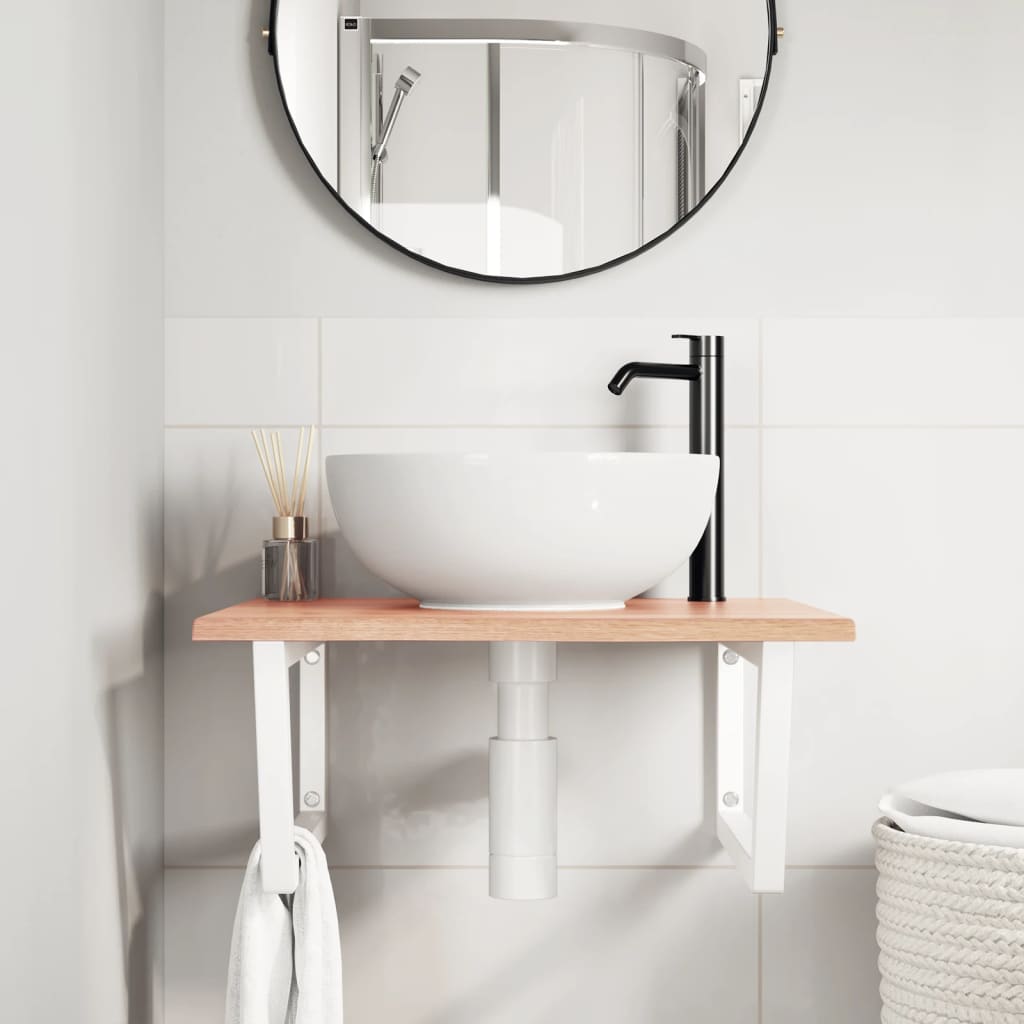 Wall-Mounted Oak Basin Shelf with Steel Brackets