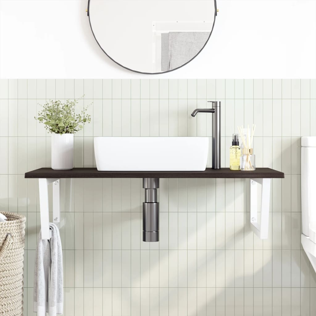 Wall-Mounted Oak Basin Shelf with Steel Brackets