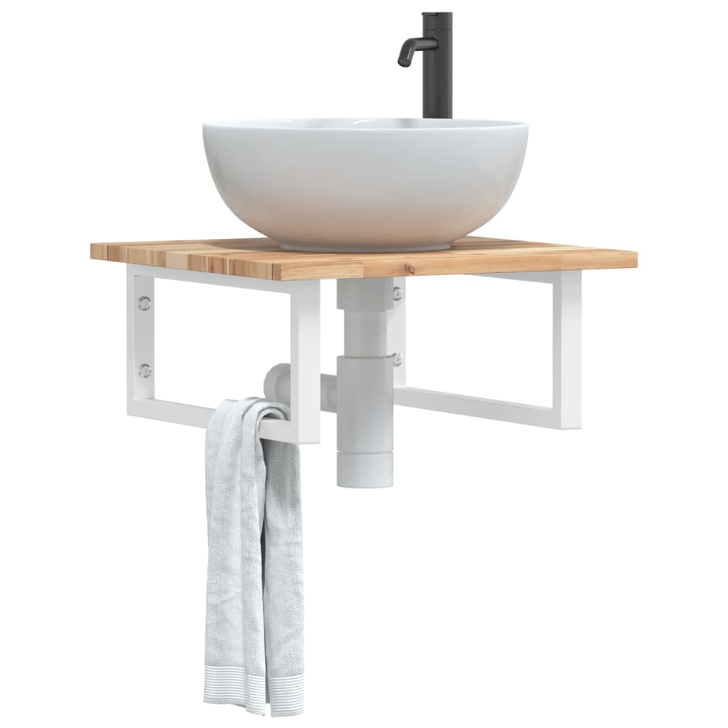 Wall-Mounted Acacia Wood and Steel Basin Shelf with Square Legs