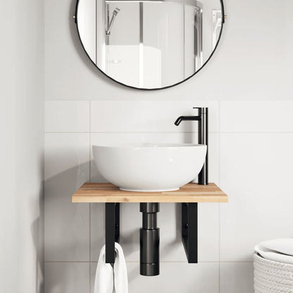 Wall-Mounted Acacia Wood and Steel Basin Shelf with Square Legs