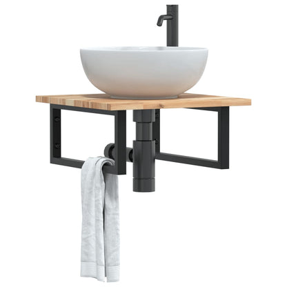 Wall-Mounted Acacia Wood and Steel Basin Shelf with Square Legs