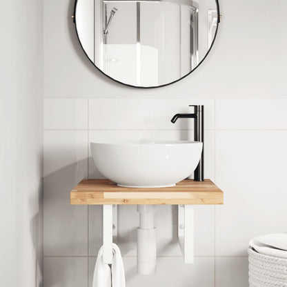 Wall-Mounted Acacia Wood and Steel Basin Shelf with Square Legs