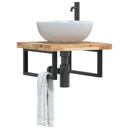 Wall-Mounted Acacia Wood and Steel Basin Shelf with Square Legs