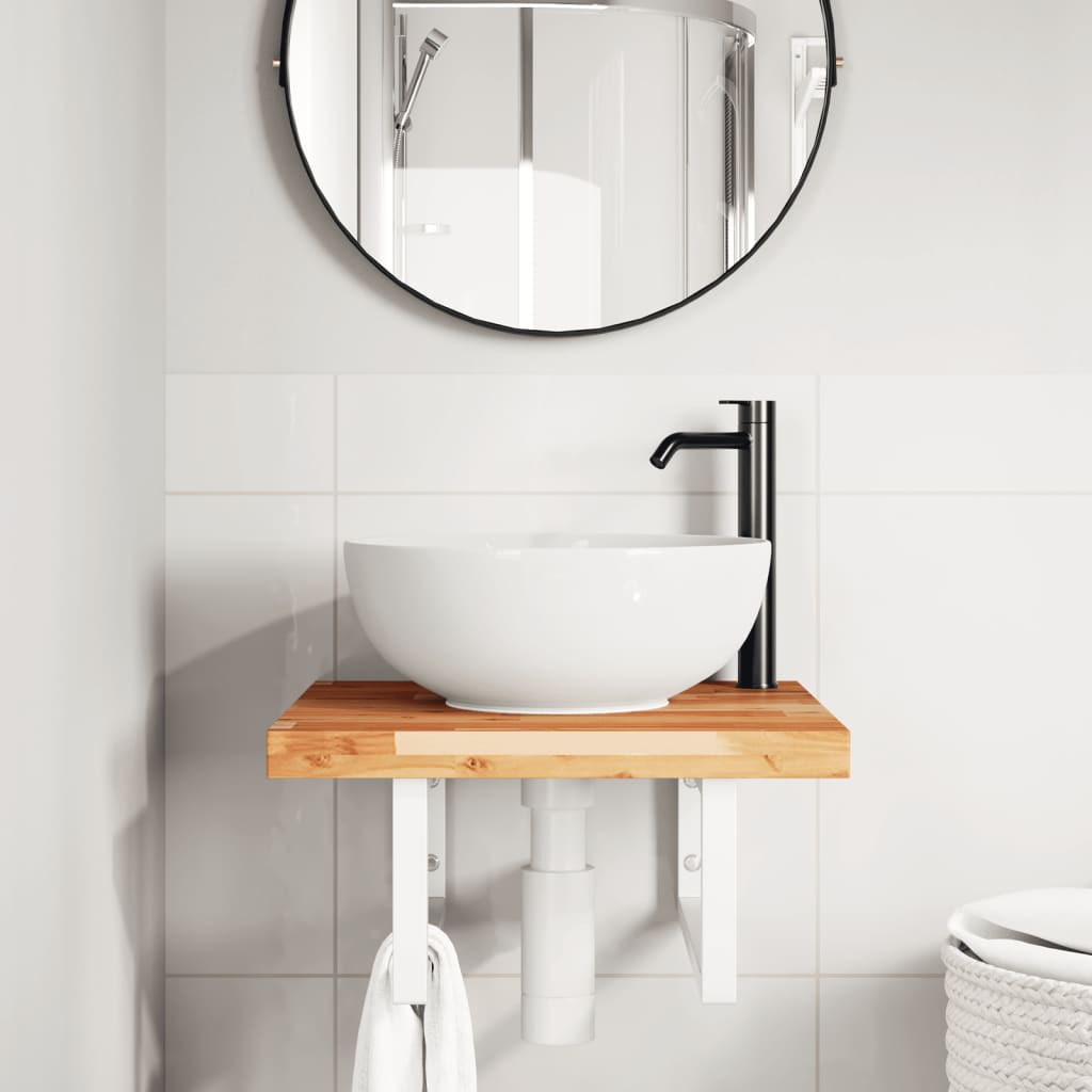 Wall-Mounted Acacia Wood and Steel Basin Shelf with Square Legs