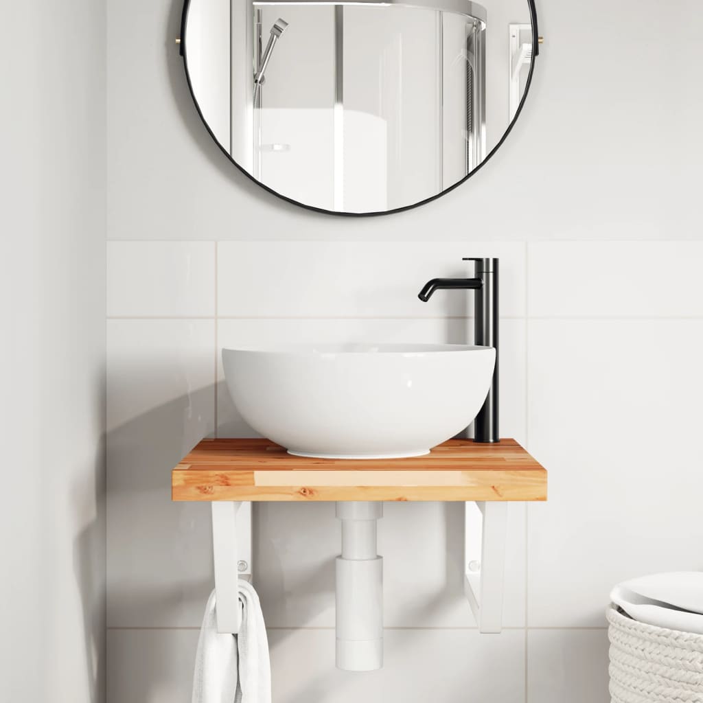 Wall-Mounted Basin Shelf with Acacia Wood Top and Steel Brackets