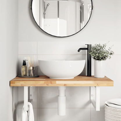 Wall-Mounted Acacia Wood and Steel Basin Shelf with Square Legs