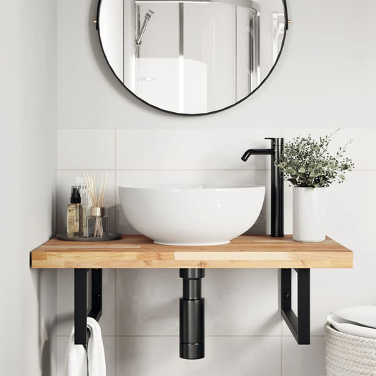 Wall-Mounted Acacia Wood and Steel Basin Shelf with Square Legs