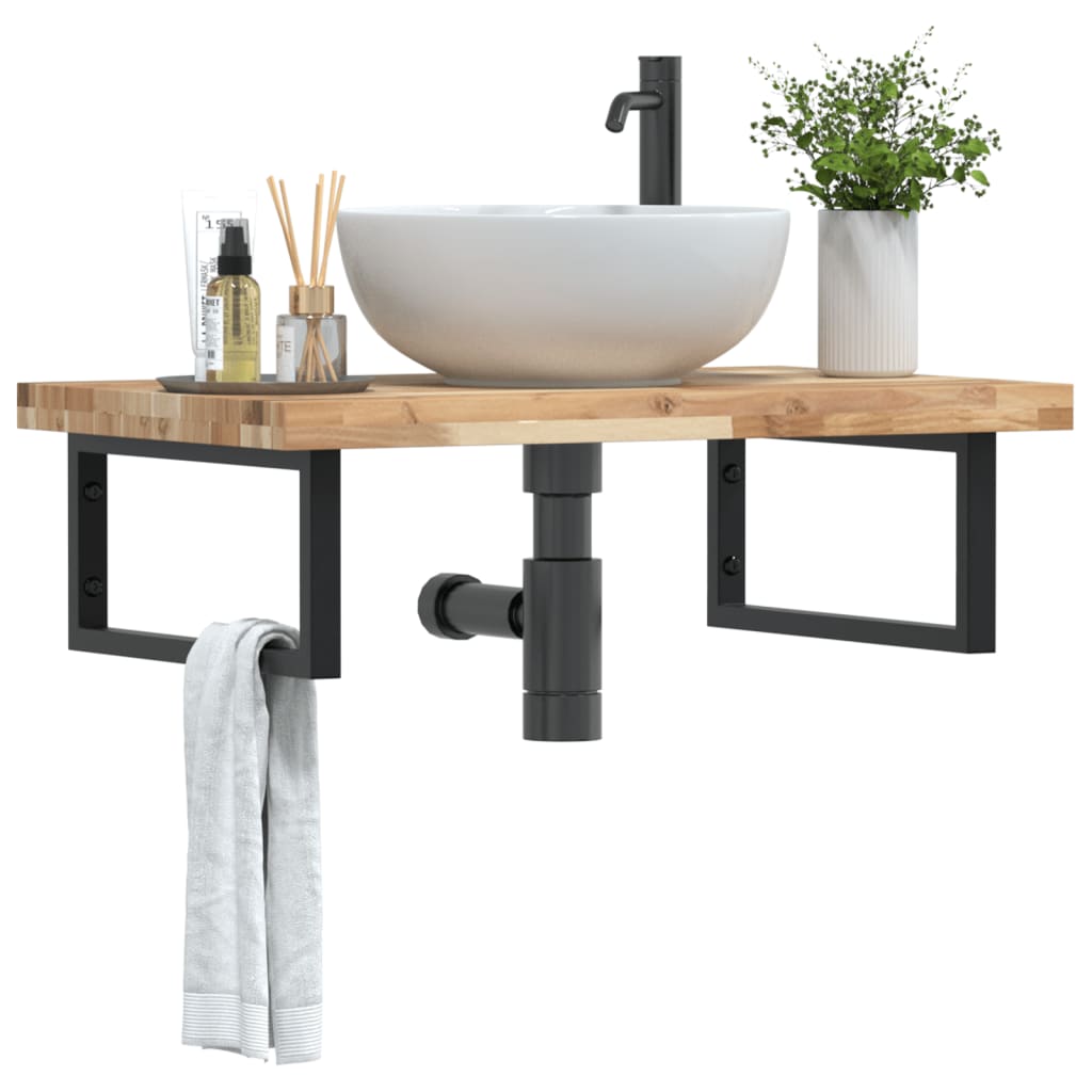 Wall-Mounted Acacia Wood and Steel Basin Shelf with Square Legs