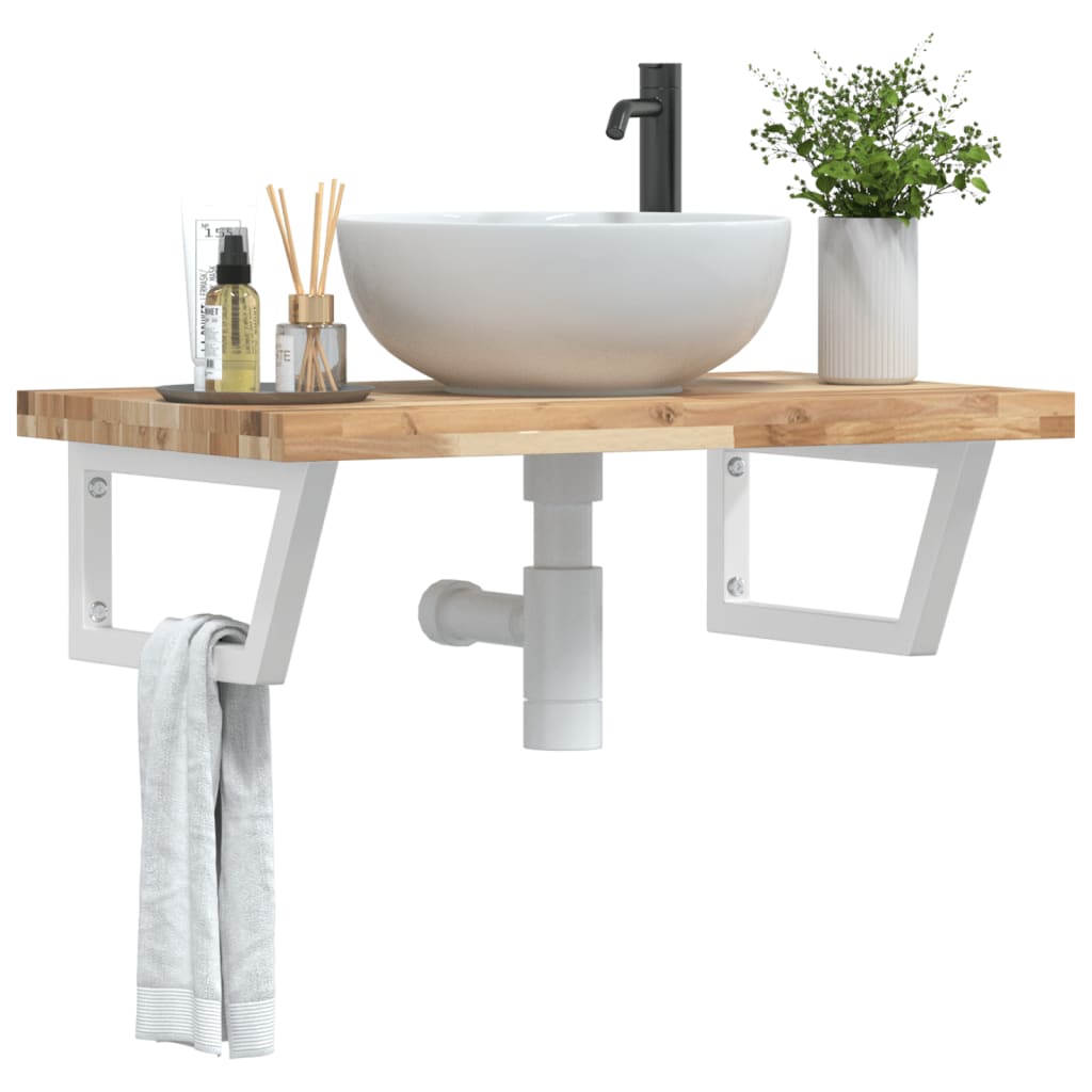 Wall-Mounted Basin Shelf with Acacia Wood Top and Steel Brackets