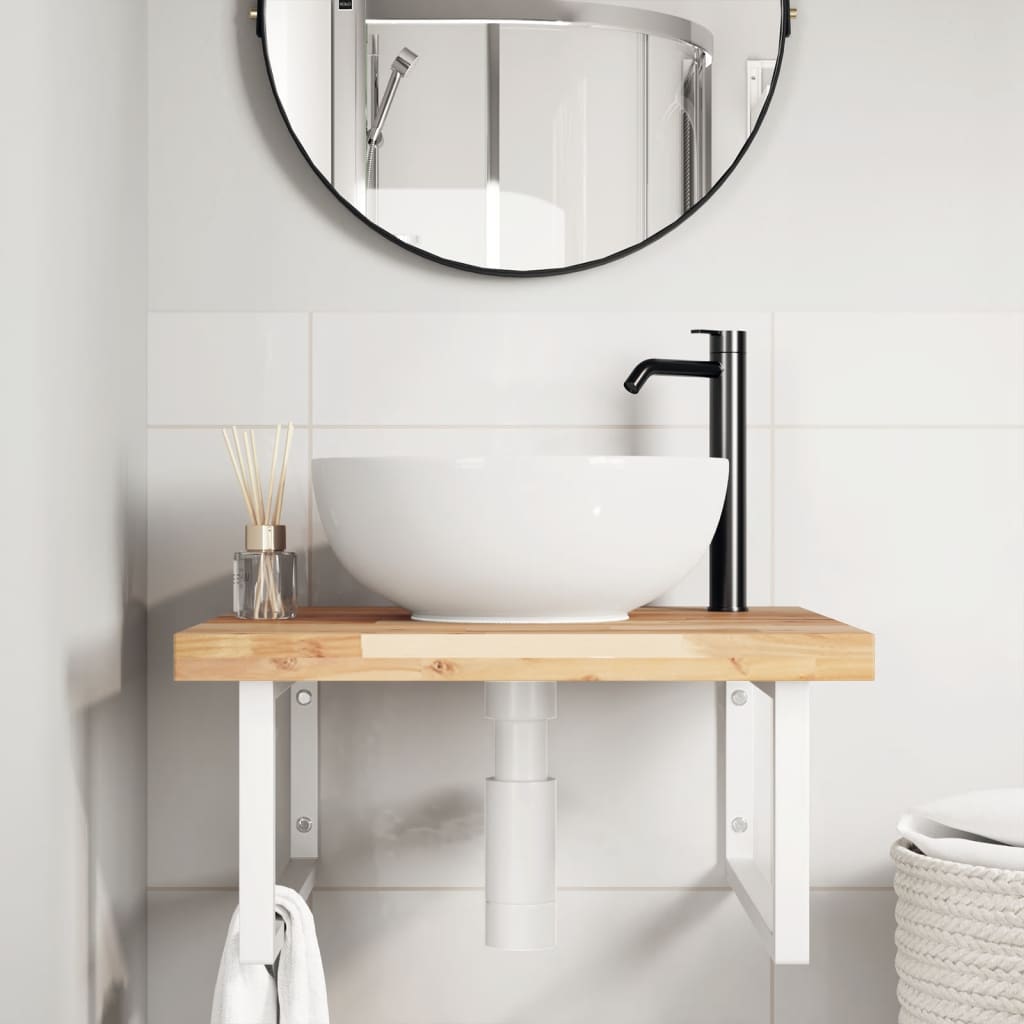 Wall-Mounted Acacia Wood and Steel Basin Shelf with Square Legs