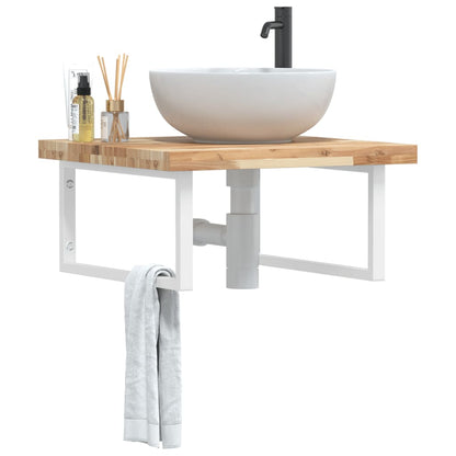 Wall-Mounted Acacia Wood and Steel Basin Shelf with Square Legs