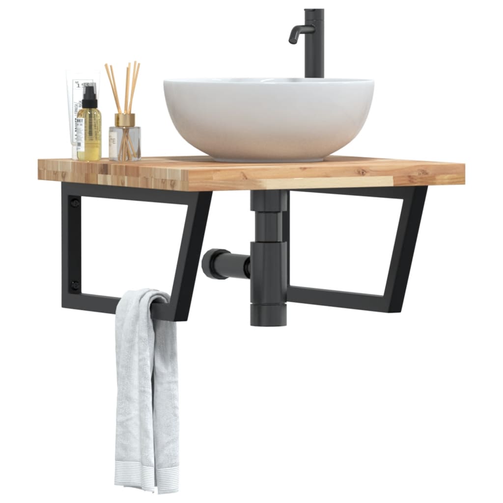 Wall-Mounted Basin Shelf with Acacia Wood Top and Steel Brackets