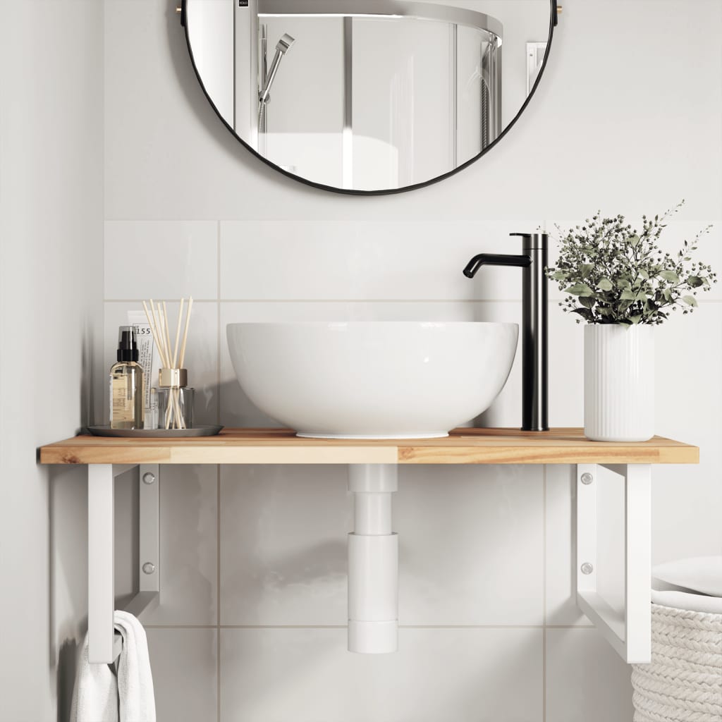 Wall-Mounted Acacia Wood and Steel Basin Shelf with Square Legs