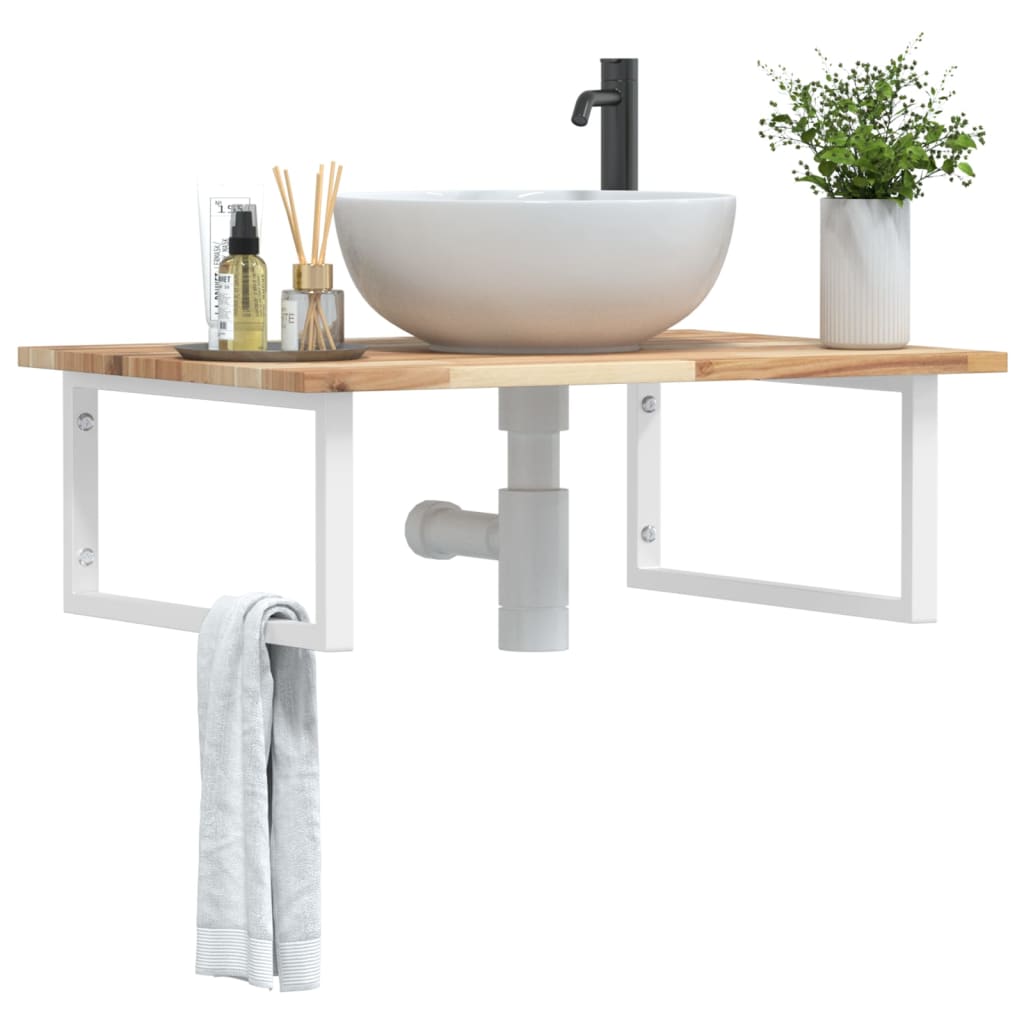 Wall-Mounted Acacia Wood and Steel Basin Shelf with Square Legs