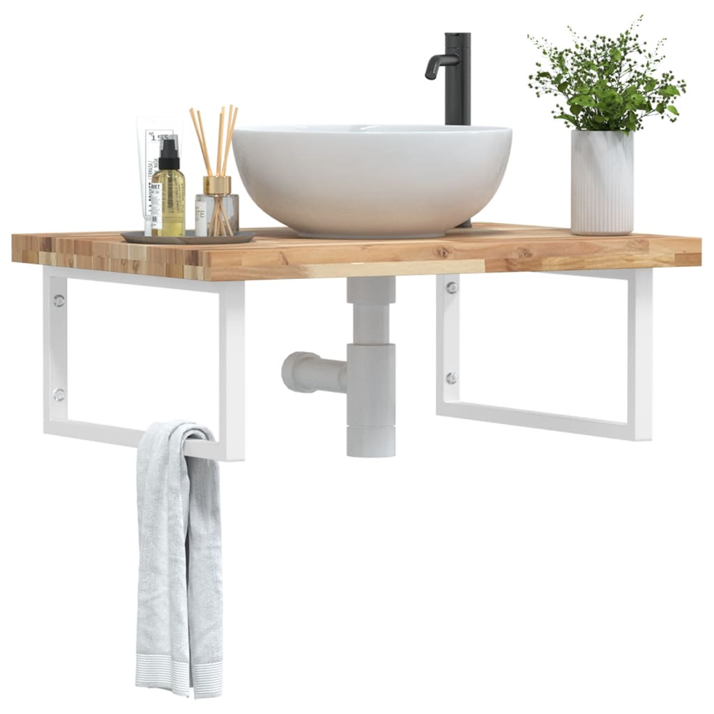 Wall-Mounted Acacia Wood and Steel Basin Shelf with Square Legs