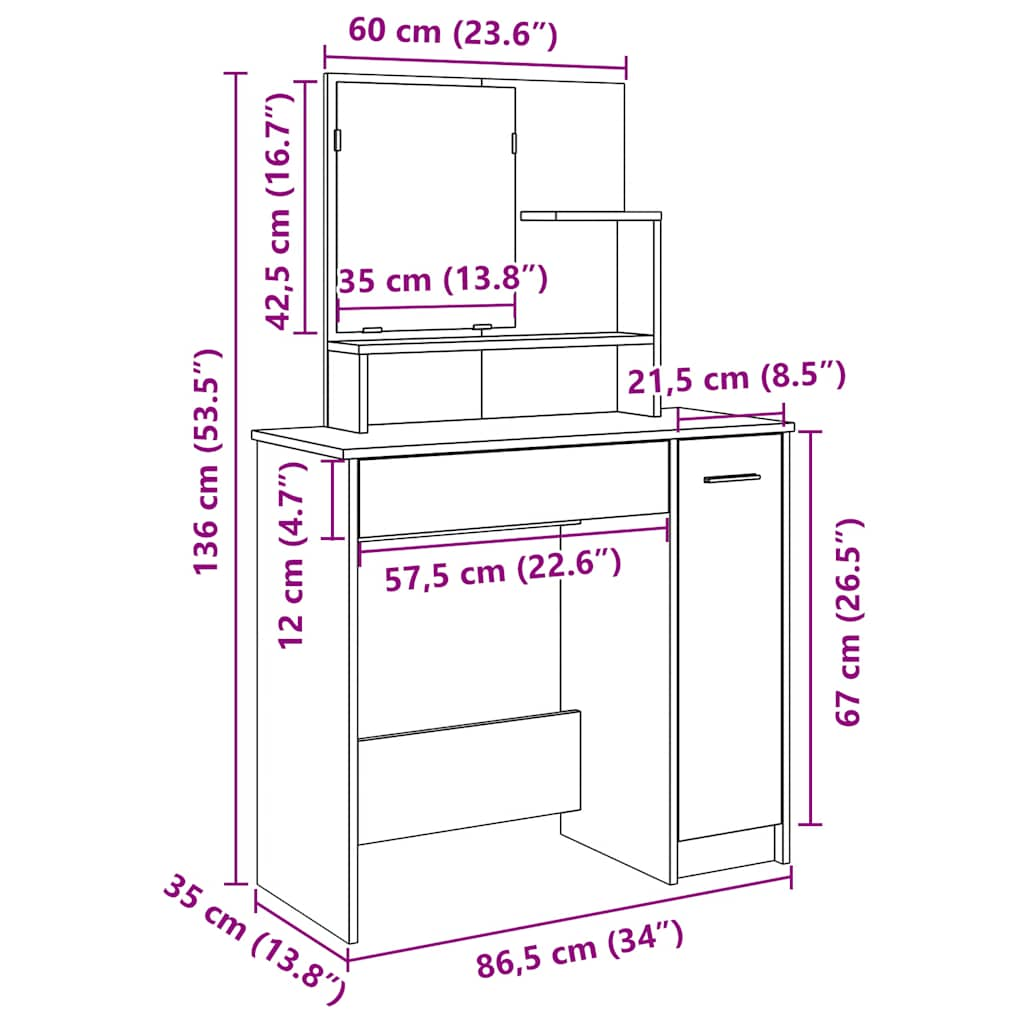 Dressing Table with Mirror Old Wood 86.5x35x136 cm - Bend