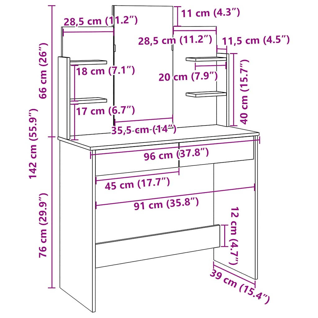 Dressing Table with Mirror Old Wood 96x39x142 cm - Bend