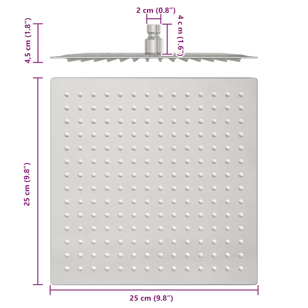 Rain Shower Head Stainless Steel 304 25x25 cm Square - Bend