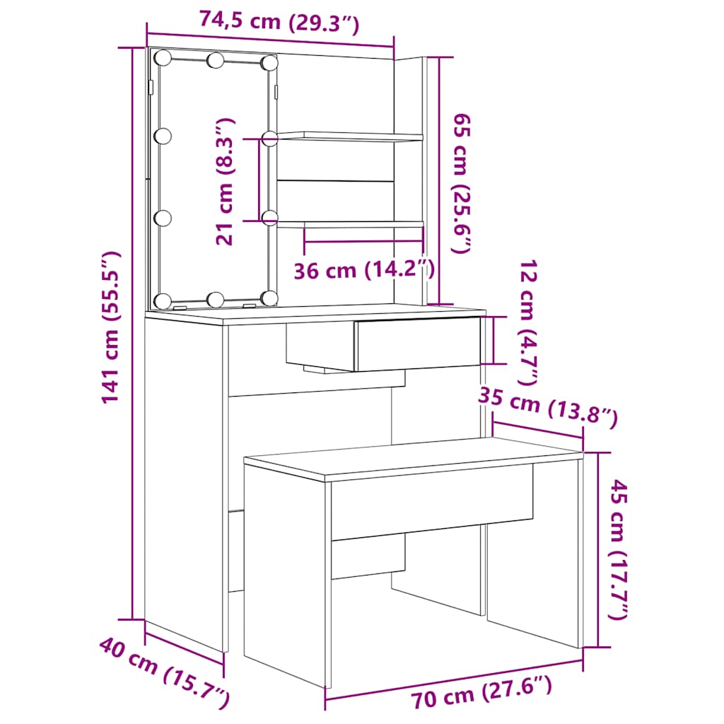 Dressing Table Set with LED Artisan Oak Engineered Wood - Bend