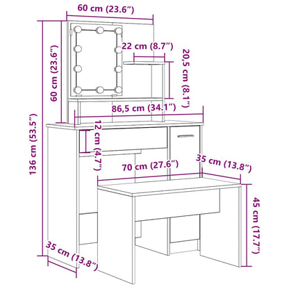 Dressing Table Set with LED Old Wood Engineered Wood - Bend