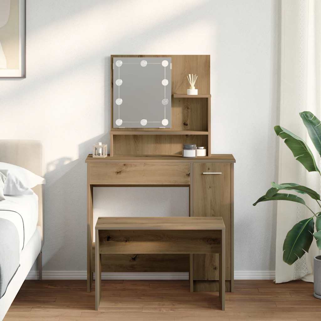 Dressing Table Set with LED Artisan Oak Engineered Wood - Bend