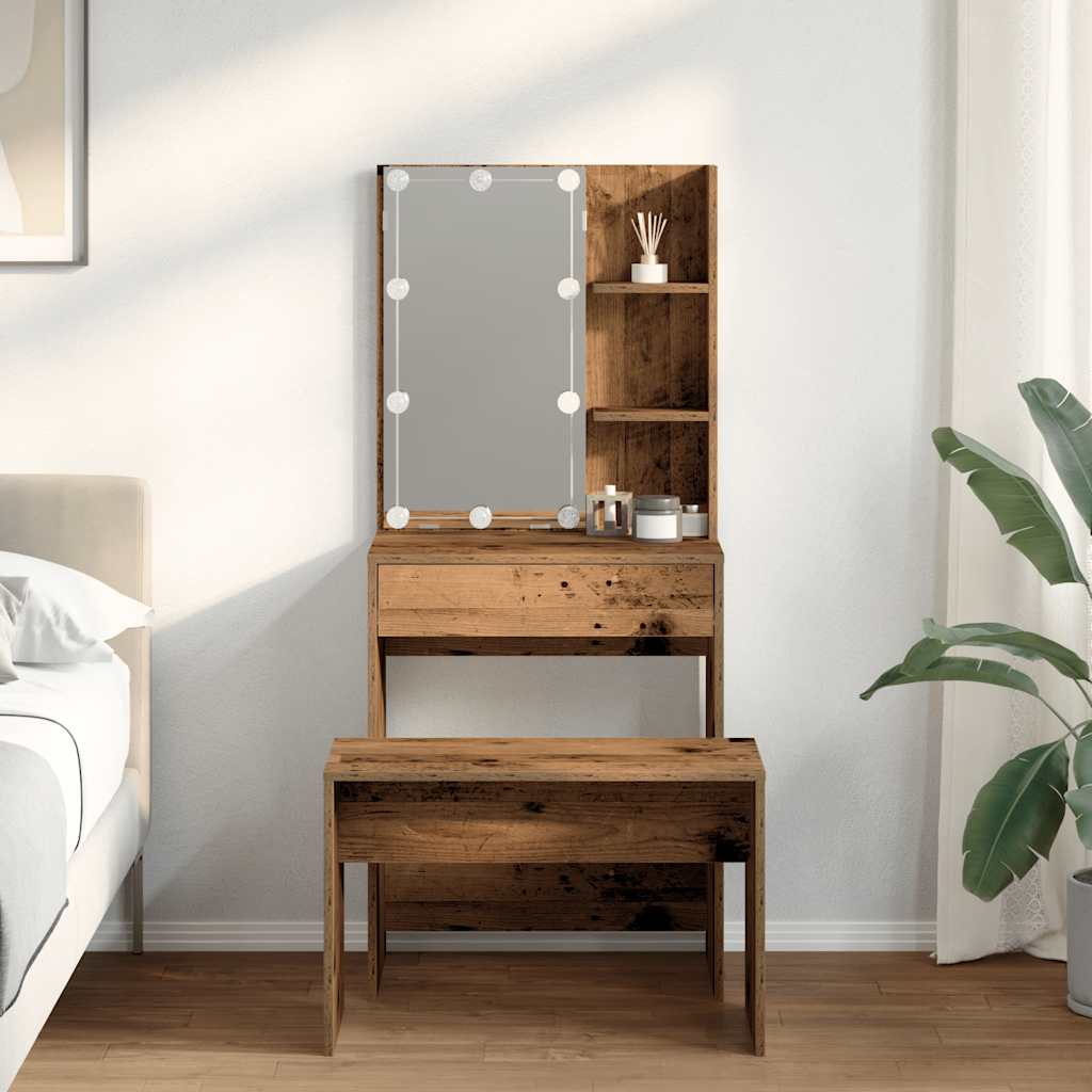 Dressing Table Set with LED Old Wood Engineered Wood - Bend