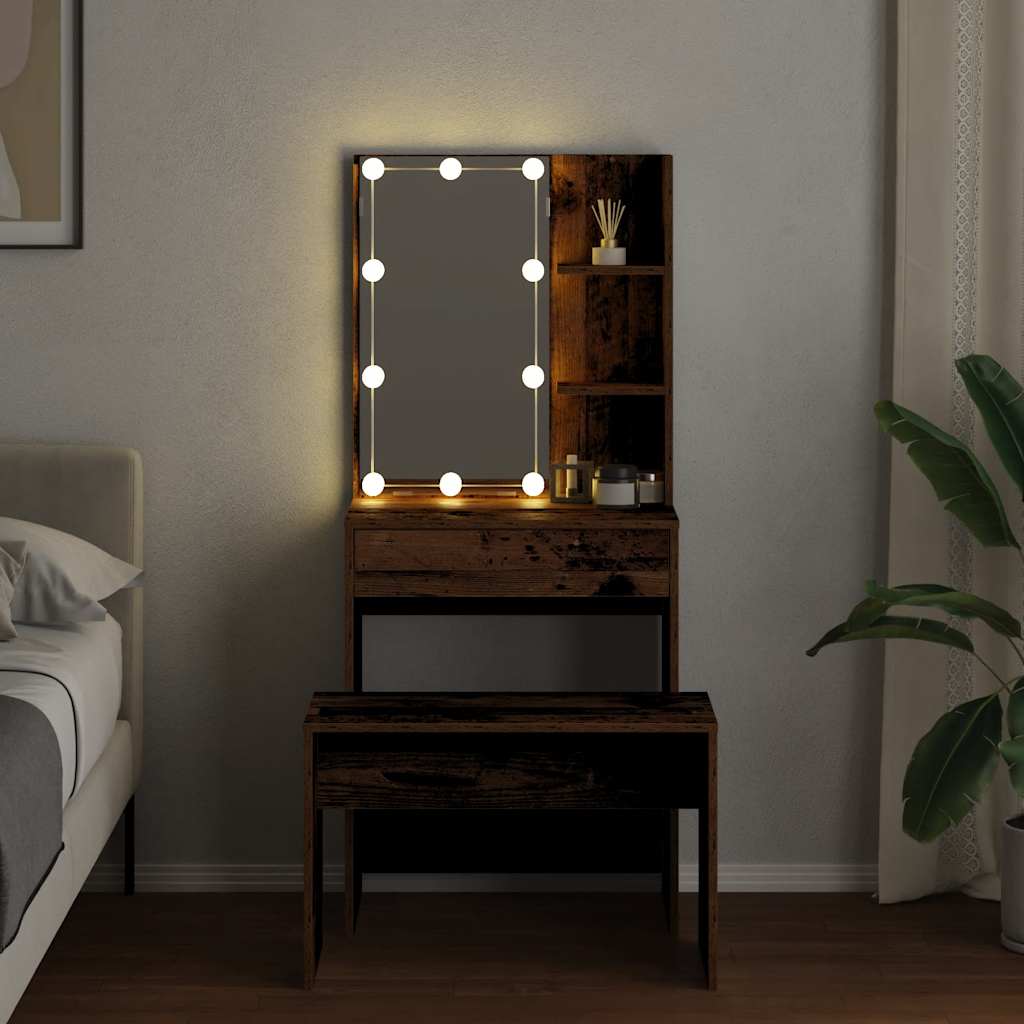 Dressing Table Set with LED Old Wood Engineered Wood - Bend