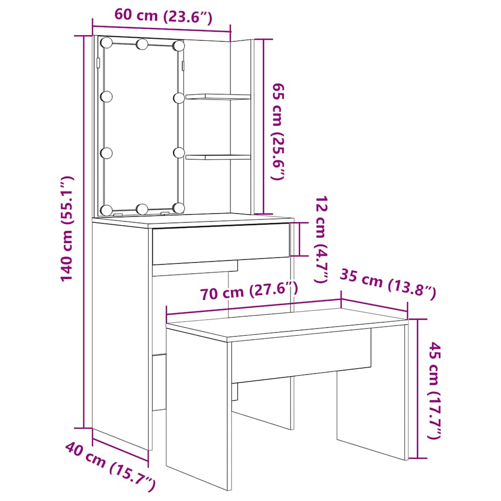 Dressing Table Set with LED Old Wood Engineered Wood - Bend