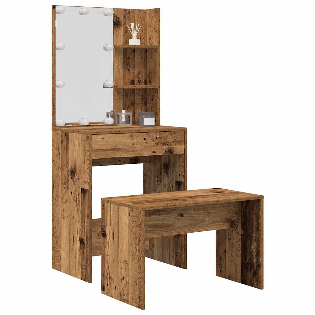 Dressing Table Set with LED Old Wood Engineered Wood - Bend